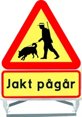 Varselskilt - jakt pågår Bilde - hund i bånd